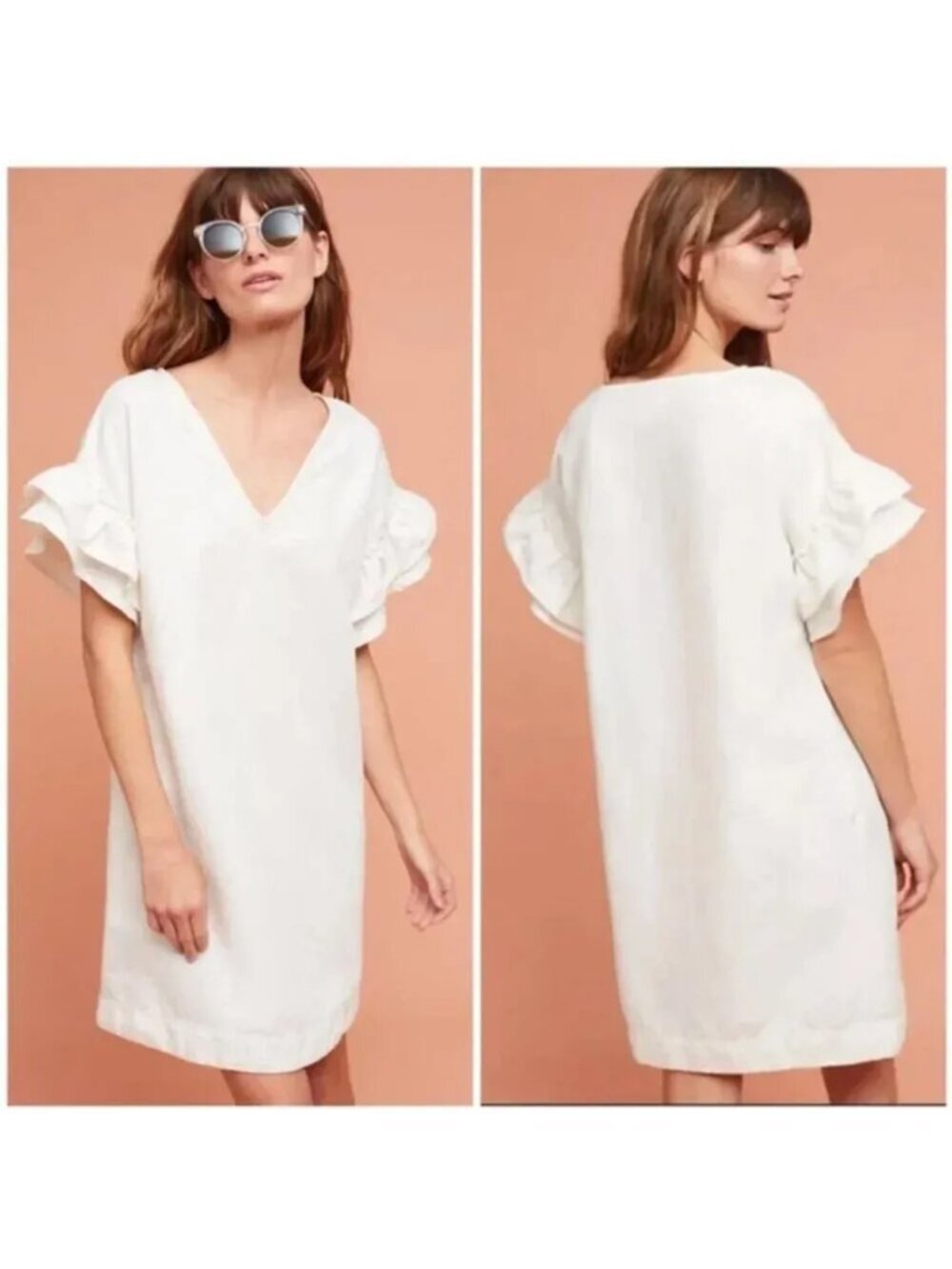 Anthropologie Maeve White Linen Lottie Boho Fluttered Tunic Dress Women Size XS